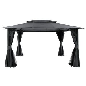 English Elm 10'x13' Outdoor Gazebo Steel Frame Double Roof Patio Shelter with Netting and Curtains Gray W1859P426721