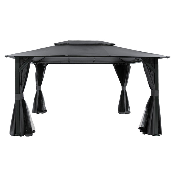 English Elm 10'x13' Outdoor Gazebo Steel Frame Double Roof Patio Shelter with Netting and Curtains Gray W1859P426721