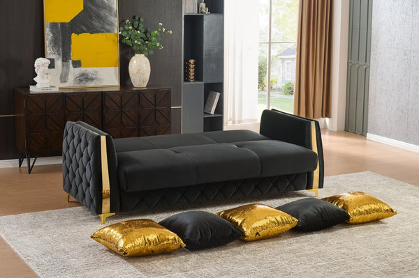 English Elm Lippa 2 Piece Quilted Polyester Sofa Set with Gold Steel Legs for Modern Living Black B009S02235