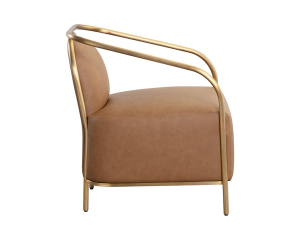 Sunpan Cicero Lounge Chair - Elegant Milliken Cognac Faux Leather & Gold Stainless Steel for Chic Spaces