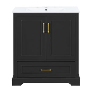 English Elm 30" Freestanding Bathroom Vanity Matte Black Solid Wood Ceramic Sink Soft Close N729P321376B