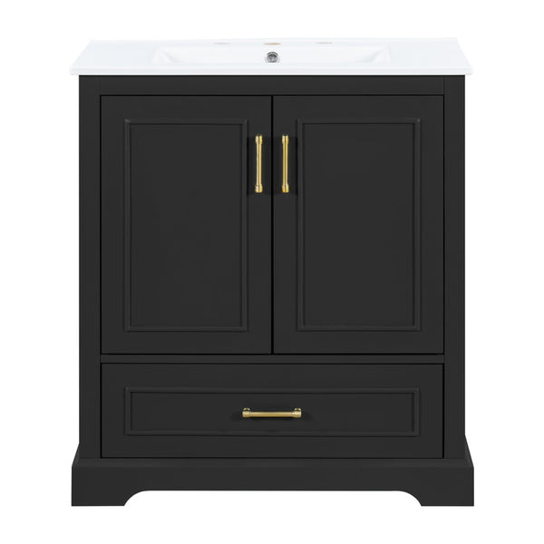 English Elm 30" Freestanding Bathroom Vanity Matte Black Solid Wood Ceramic Sink Soft Close N729P321376B
