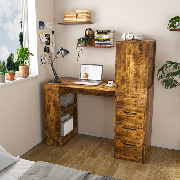 English Elm Computer Desk with 4-in-1 Charging Station, 3 Drawers & 4 Shelves, 15mm MDF Carbonized Finish W2700P349878