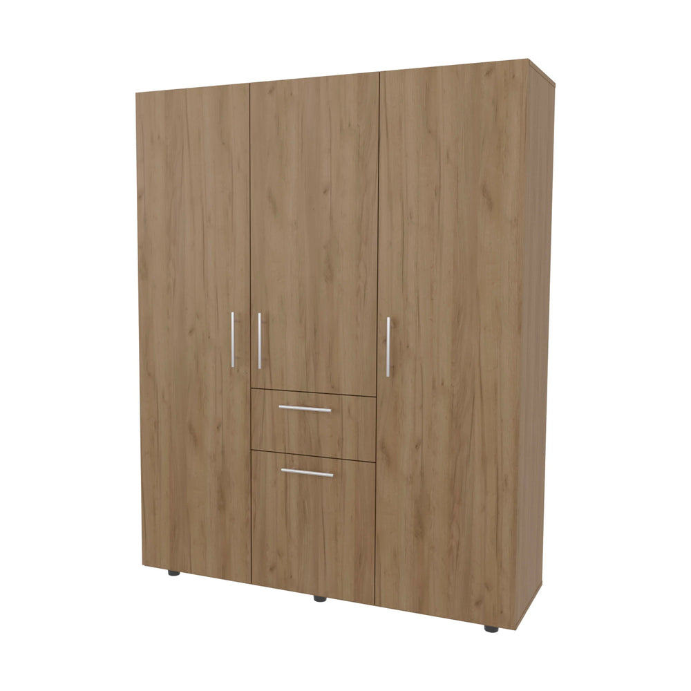 English Elm Natural Oak Armoire with 4 Doors, Spacious Drawer & Shelves, Modern Wood Finish, Elegant Metal Accents B062S00622