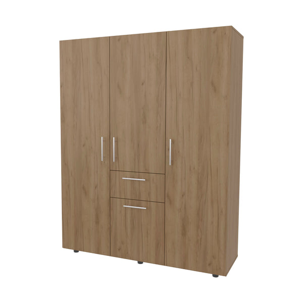 English Elm Natural Oak Armoire with 4 Doors, Spacious Drawer & Shelves, Modern Wood Finish, Elegant Metal Accents B062S00622