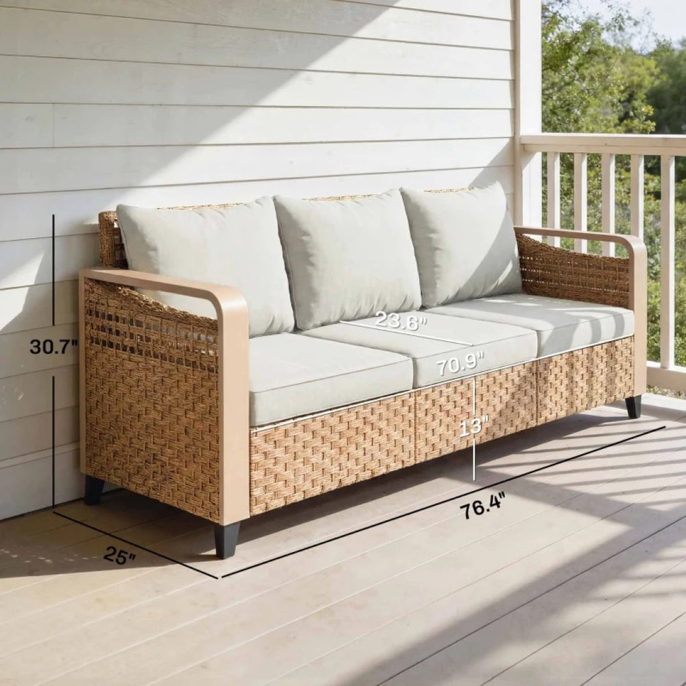 English Elm Backyard Pe Rattan 3-seat Outdoor Sofa with Powder-coated Frame for Patio Lounging Beige+Brown T3971P476451