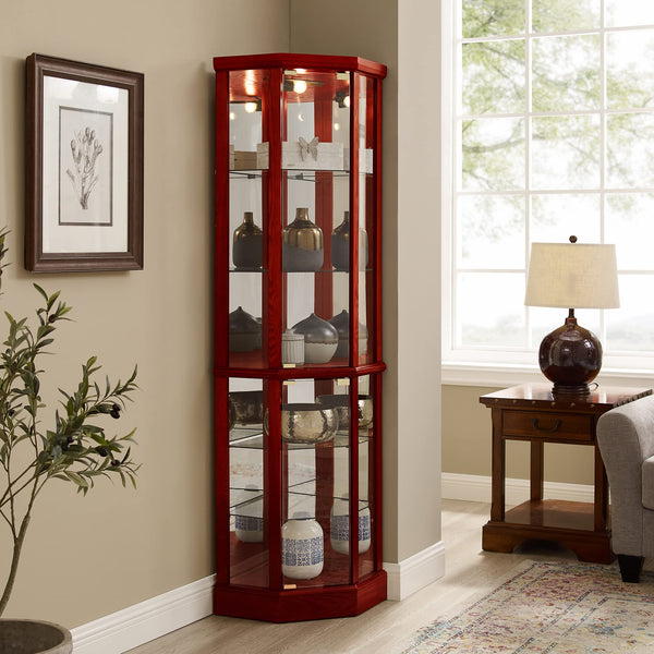 English Elm 6 Shelf Lighted Corner Curio Cabinet with Adjustable Tempered Glass Shelves, Acrylic Mirror Back, Solid Wood Frame Cherry W1693P170931