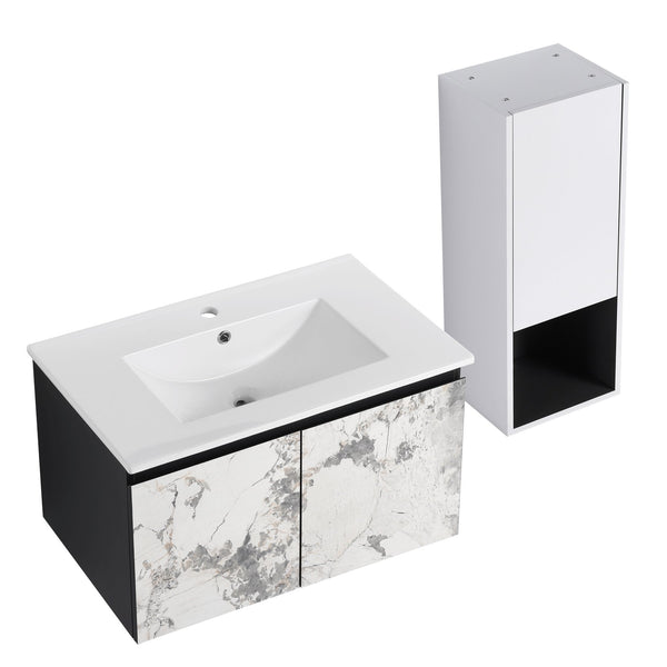 English Elm 30" Wall-Mounted Bathroom Vanity Set With Ceramic Sink, Soft-Close Doors & Ample Storage Solution W999S00331
