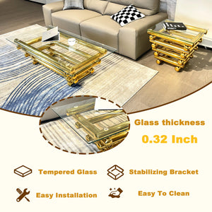 English Elm 24" Square Modern Stainless Steel End Table with Clear Tempered Glass, Gold Industrial Chic Accent W2978S00010