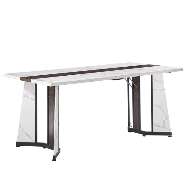 English Elm 70.9"Rectangular Waterproof Large Dining Table for 8 with Marble Top, Steel Frame, Adjustable Legs White+Black W1162P291768