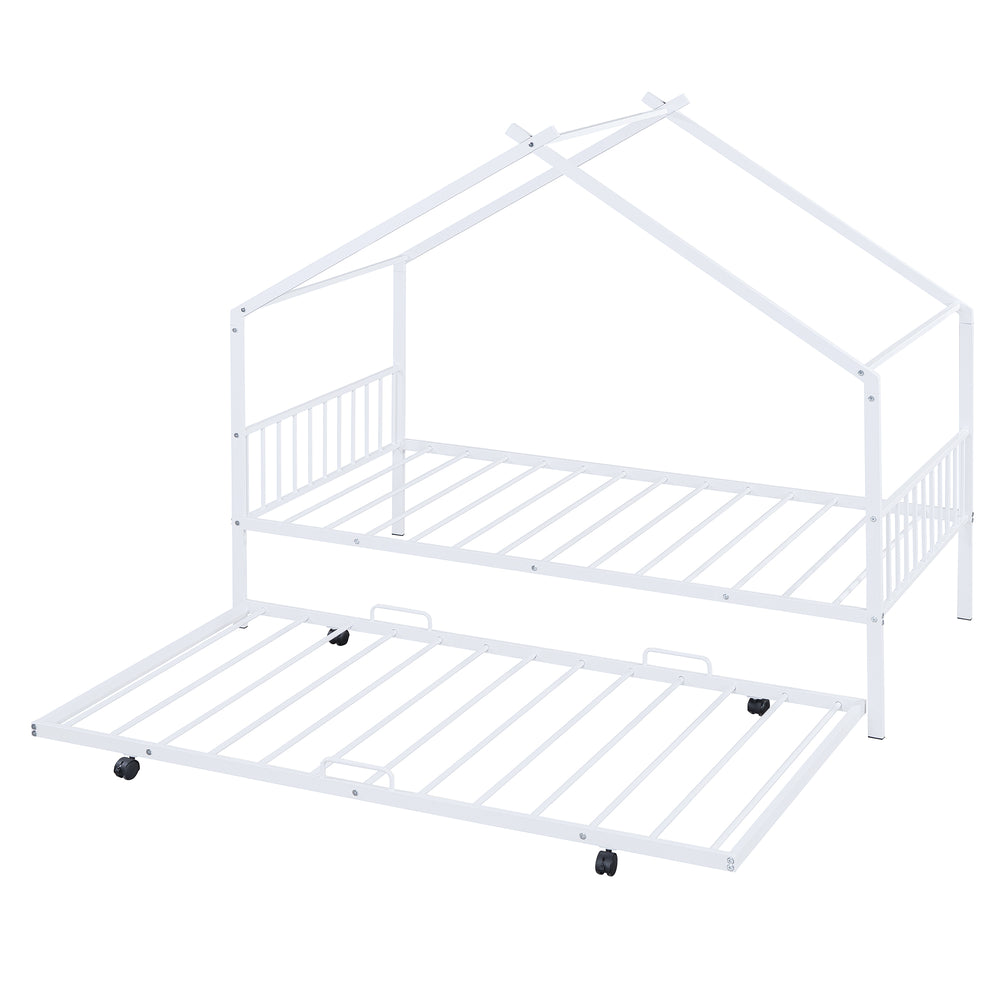 English Elm Twin House Metal Platform Bed with Trundle for Kids — Sturdy 350lb Capacity, Playful Loft Frame Design White MF323494AAK