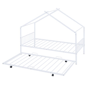 English Elm Twin House Metal Platform Bed with Trundle for Kids — Sturdy 350lb Capacity, Playful Loft Frame Design White MF323494AAK