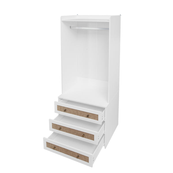 English Elm Wardrobe White 3-Drawer Armoire with Rattan Fronts, Slim Hanging Rod, Anti-Tip Safety, Bedroom Organizer W688P266052