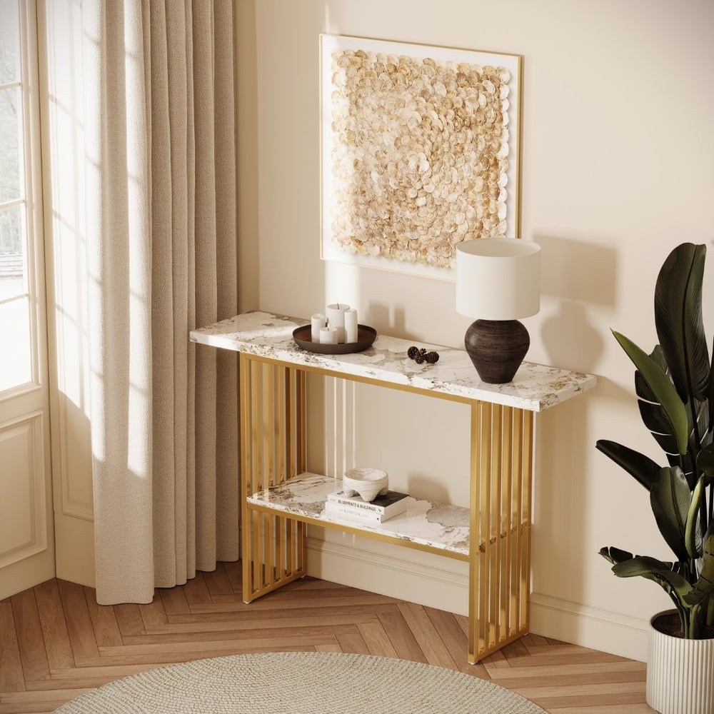 English Elm 47''double Semi-circle Console Table with Led Lighting and Sculptural Hammered Wood Base W2263P395489