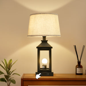 English Elm 20.5in Vintage Table Lamp Set of 2 Rustic Farmhouse Nightstand Lamps with Linen Shade & USB Ports Black W2312P389974