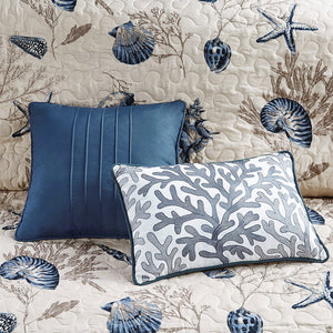 English Elm Brushed Reversible Bayside Quilt Set with Seashell Print, Taupe Coral Accents and 3 Decorative Pillows Blue 23.03 L x 17.91 W x 11.42 H B03597485