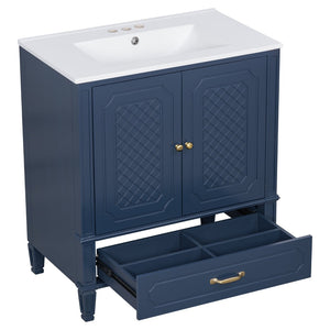 English Elm [video] 30 Inch Bathroom Vanity Acacia Wood Vintage Style Ceramic Sink Soft Close Storage N759P313313C