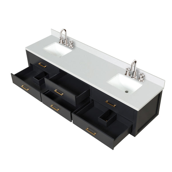 English Elm Black Double Bath Vanity With White Quartz Top, Chrome Faucets & Soft-Close Drawers - 84" W B2731P258143