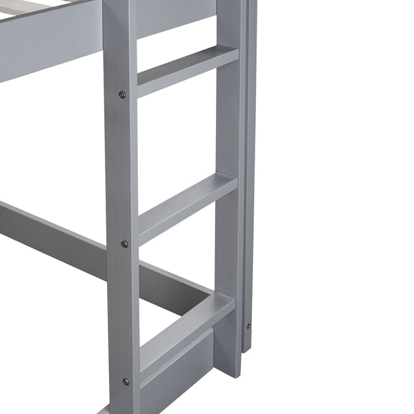 English Elm Twin Rubber Wood Floor Bunk Bed House-Shaped Design with Ladder Guardrails Sturdy Low-Profile Retreat Grey W504P206863