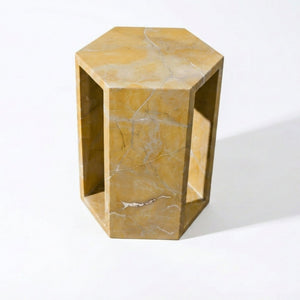 English Elm Genuine Solid Marble Hexagonal Pedestal End Table Polished Stone for Modern Living Gold W1696P407995
