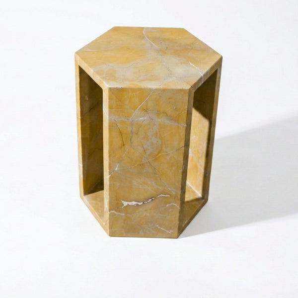 English Elm Genuine Solid Marble Hexagonal Pedestal End Table Polished Stone for Modern Living Gold W1696P407995