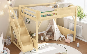 English Elm Twin Low Loft Bed Solid Pine Frame Kids Study Desk Blackboard Storage White Natural W1580S00549