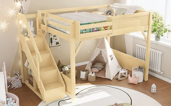 English Elm Twin Low Loft Bed Solid Pine Frame Kids Study Desk Blackboard Storage White Natural W1580S00549