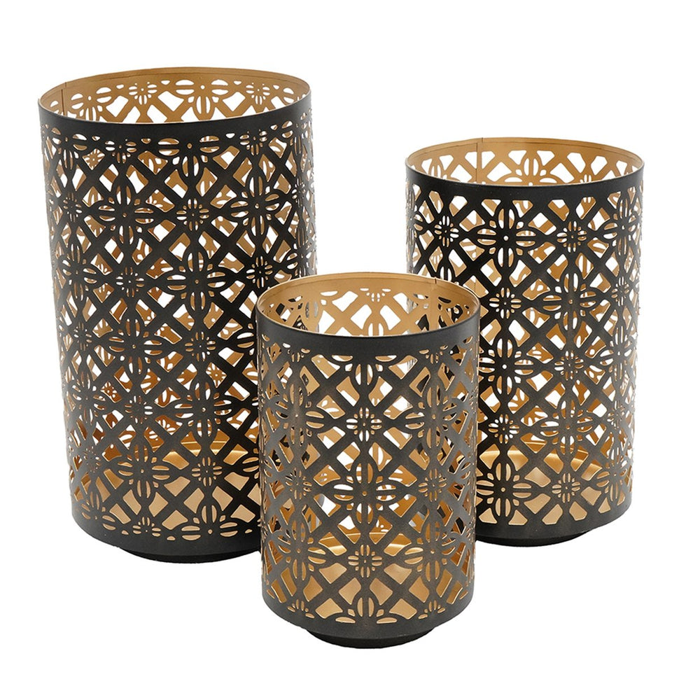 English Elm Set Pierced Metal Lanterns Helena Trio with Moroccan Patterned Cutouts for Ambient Candlelight Decor Black+Gold W2078P370263