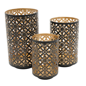 English Elm Set Pierced Metal Lanterns Helena Trio with Moroccan Patterned Cutouts for Ambient Candlelight Decor Black+Gold W2078P370263