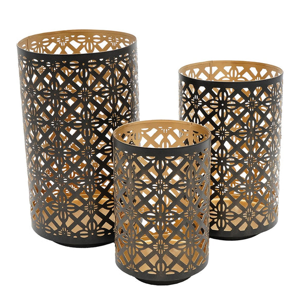 English Elm Set Pierced Metal Lanterns Helena Trio with Moroccan Patterned Cutouts for Ambient Candlelight Decor Black+Gold W2078P370263