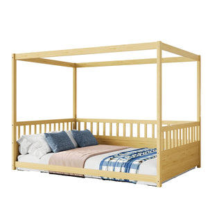 English Elm Full Canopy Bed Frame with Guardrails for Kids Full Size Pine Wood Montessori Floor Bed Cozy Canopy Natural Wood W1858P252841