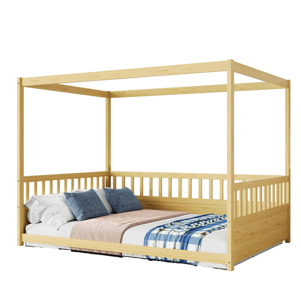 English Elm Full Canopy Bed Frame with Guardrails for Kids Full Size Pine Wood Montessori Floor Bed Cozy Canopy Natural Wood W1858P252841
