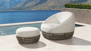 English Elm Willow Round Outdoor Ottoman Woven Olefin Upholstery Uv Resistant Patio Footrest B2719P245995