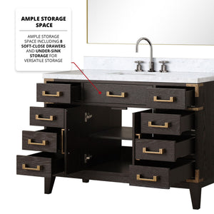 English Elm Brown Oak 48 in Single Bath Vanity with Polished Carrara Marble Top, Chrome Faucet & 46 in Mirror B2731S02014