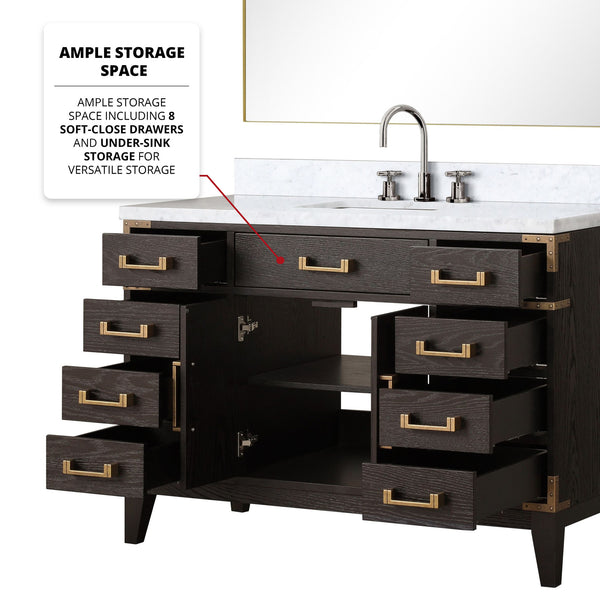 English Elm Brown Oak 48 in Single Bath Vanity with Polished Carrara Marble Top, Chrome Faucet & 46 in Mirror B2731S02014