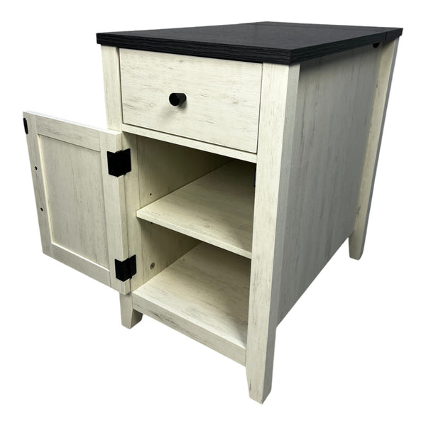 English Elm Farmhouse Nightstand with Charging Station and Barn Door Drawer — USB-C, AC Outlets, Compact Storage White+Black W1412P230408