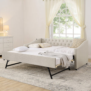 English Elm Twin Daybed with Pull Out Trundle Usb Charging Tufted Upholstered Sofa Guest Bed Beige W1413S00156