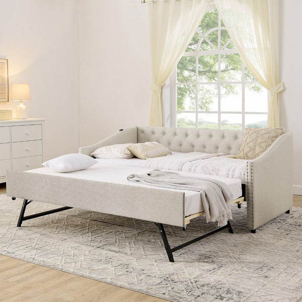 English Elm Twin Daybed with Pull Out Trundle Usb Charging Tufted Upholstered Sofa Guest Bed Beige W1413S00156