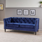 Christopher Knight Home® - Noble House - Chatwin Contemporary Tufted Velvet 3 Seater Sofa, Midnight Blue And Dark Brown