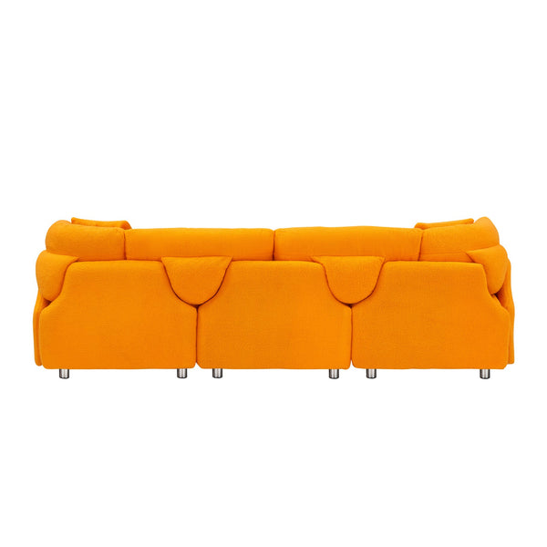 English Elm 95.3 Teddy Two Throw Pillow 3-Seat Sofa with Plush Teddy Fabric, Solid Wood Frame and Metal Legs Orange W1278S00071