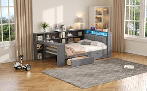 English Elm Wood Full Size Gaming Loft Bed with Integrated Desk, Shelves, LED Lighting & Hanging Clothes Rack Grey N7090001047E