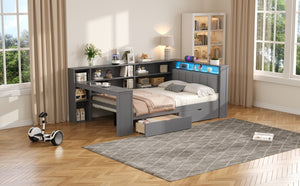 English Elm Wood Full Platform Bed with Led Headboard Built-in Desk Charging Station and Storage Shelves Grey N7090001047E-1