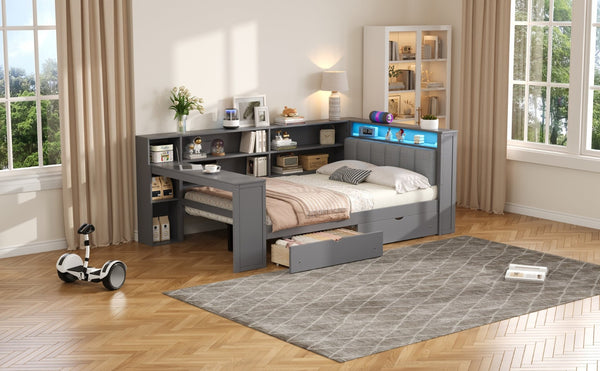 English Elm Wood Full Platform Bed with Led Headboard Built-in Desk Charging Station and Storage Shelves Grey N7090001047E-1