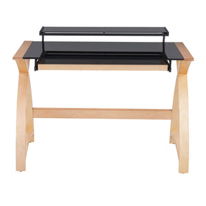 English Elm Bentley Mid-Century Office Desk with Hutch, Tempered Black Glass Top, Wide Drawer & Shelves - Durable Wood Design B202P223957