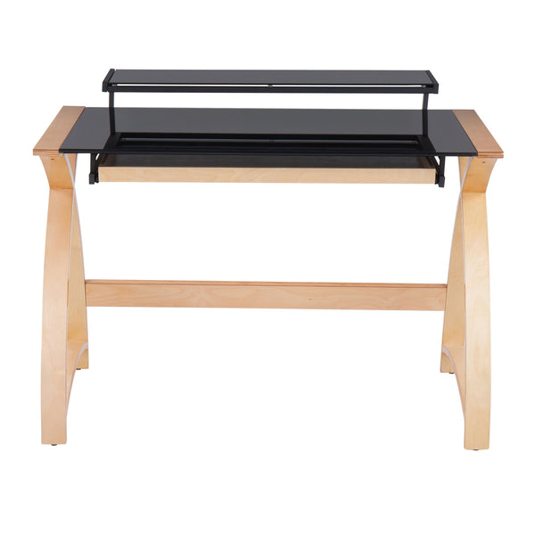 English Elm Bentley Mid-Century Office Desk with Hutch, Tempered Black Glass Top, Wide Drawer & Shelves - Durable Wood Design B202P223957