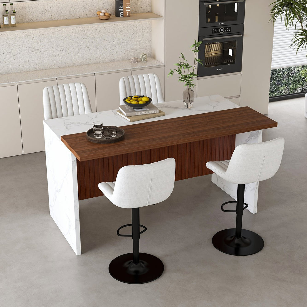 English Elm 63" Modern Kitchen Island Set With 4 Beige Bar Stools, Led Lighting & Walnut Accents For Style W2699S00076