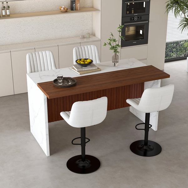 English Elm 63" Modern Kitchen Island Set With 4 Beige Bar Stools, Led Lighting & Walnut Accents For Style W2699S00076