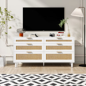 English Elm 59" Rattan Dresser with 6 Spacious Drawers, Stylish Woven Texture, Metal Handles & Wood Legs for Bedroom White W757P209514