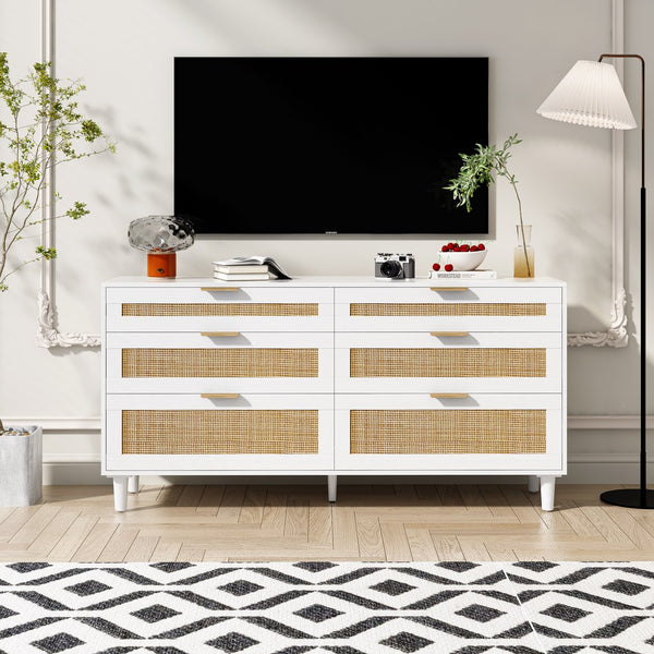 English Elm 59" Rattan Dresser with 6 Spacious Drawers, Stylish Woven Texture, Metal Handles & Wood Legs for Bedroom White W757P209514