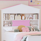 English Elm Twin Size House-Shaped Wooden Bed With Storage Shelf On The Headboard, Built-In Two Storage Drawers, Pink